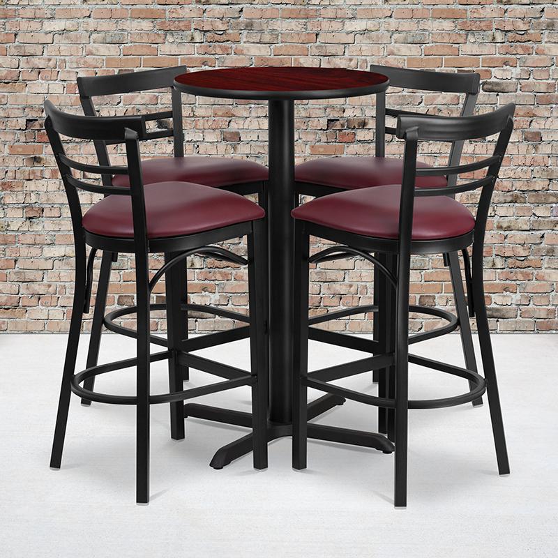 24'' Round Mahogany Laminate Table Set With X-Base And 4 Two-Slat Ladder Back Metal Barstools - Burgundy Vinyl Seat By Flash Furniture | Bar Stools & Table | Modishstore - 1