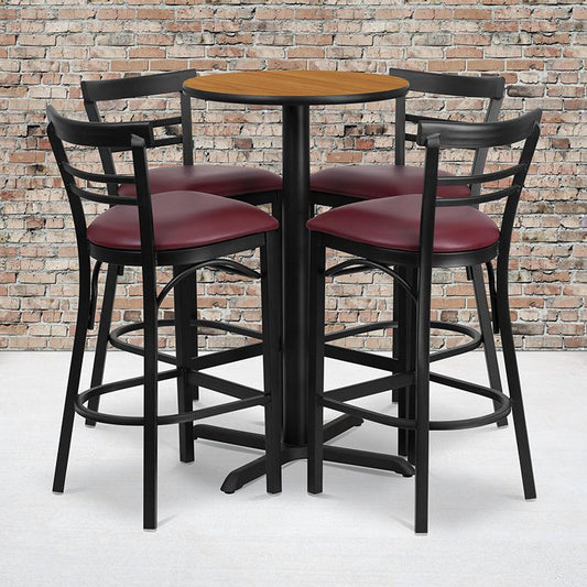 24'' Round Natural Laminate Table Set With X-Base And 4 Two-Slat Ladder Back Metal Barstools - Burgundy Vinyl Seat By Flash Furniture | Bar Stools & Table | Modishstore