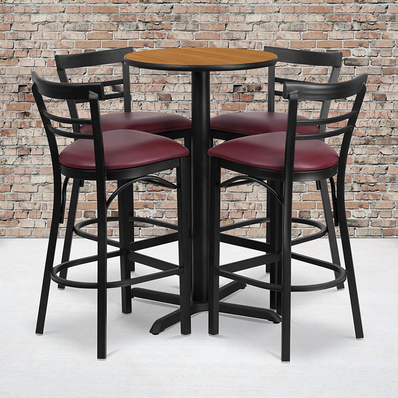 24'' Round Natural Laminate Table Set With X-Base And 4 Two-Slat Ladder Back Metal Barstools - Burgundy Vinyl Seat By Flash Furniture | Bar Stools & Table | Modishstore - 1