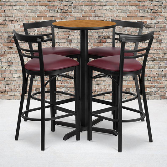 24'' Round Natural Laminate Table Set With X-Base And 4 Two-Slat Ladder Back Metal Barstools - Burgundy Vinyl Seat By Flash Furniture | Bar Stools & Table | Modishstore - 1