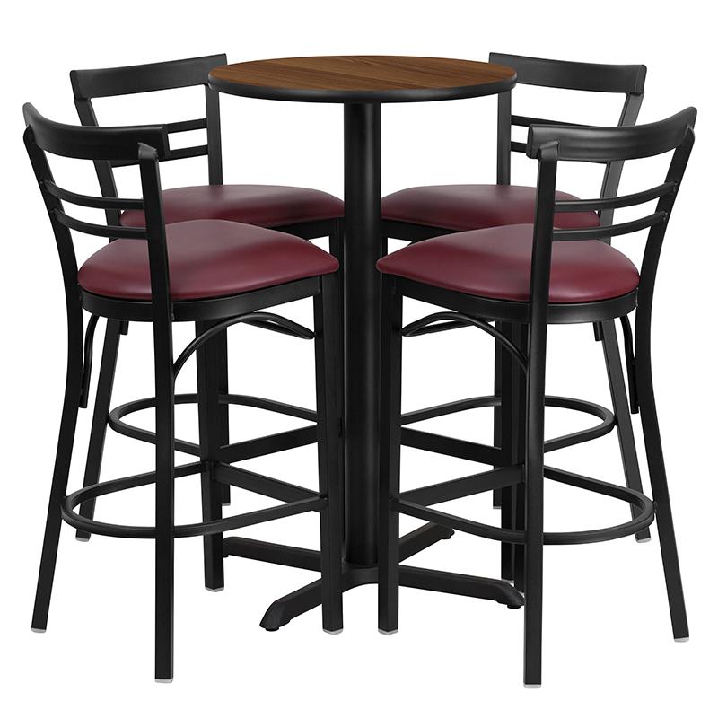 24'' Round Walnut Laminate Table Set With X-Base And 4 Two-Slat Ladder Back Metal Barstools - Burgundy Vinyl Seat By Flash Furniture | Bar Stools & Table | Modishstore - 2