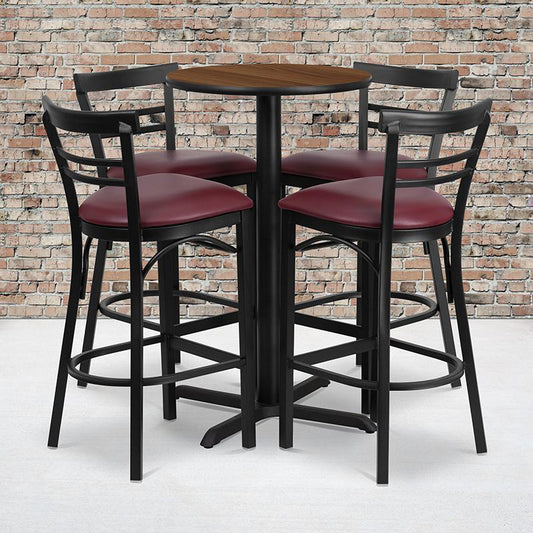 24'' Round Walnut Laminate Table Set With X-Base And 4 Two-Slat Ladder Back Metal Barstools - Burgundy Vinyl Seat By Flash Furniture | Bar Stools & Table | Modishstore - 1