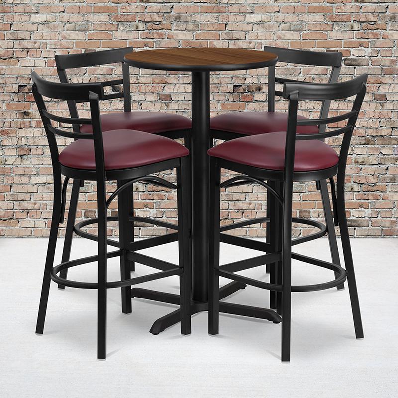 24'' Round Walnut Laminate Table Set With X-Base And 4 Two-Slat Ladder Back Metal Barstools - Burgundy Vinyl Seat By Flash Furniture | Bar Stools & Table | Modishstore - 1