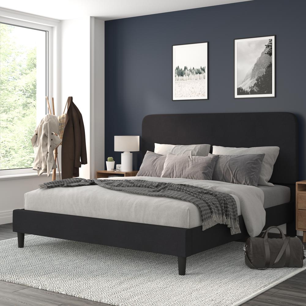 Addison Charcoal King Fabric Upholstered Platform Bed - Headboard With Rounded Edges - No Box Spring Or Foundation Needed By Flash Furniture | Beds | Modishstore - 2