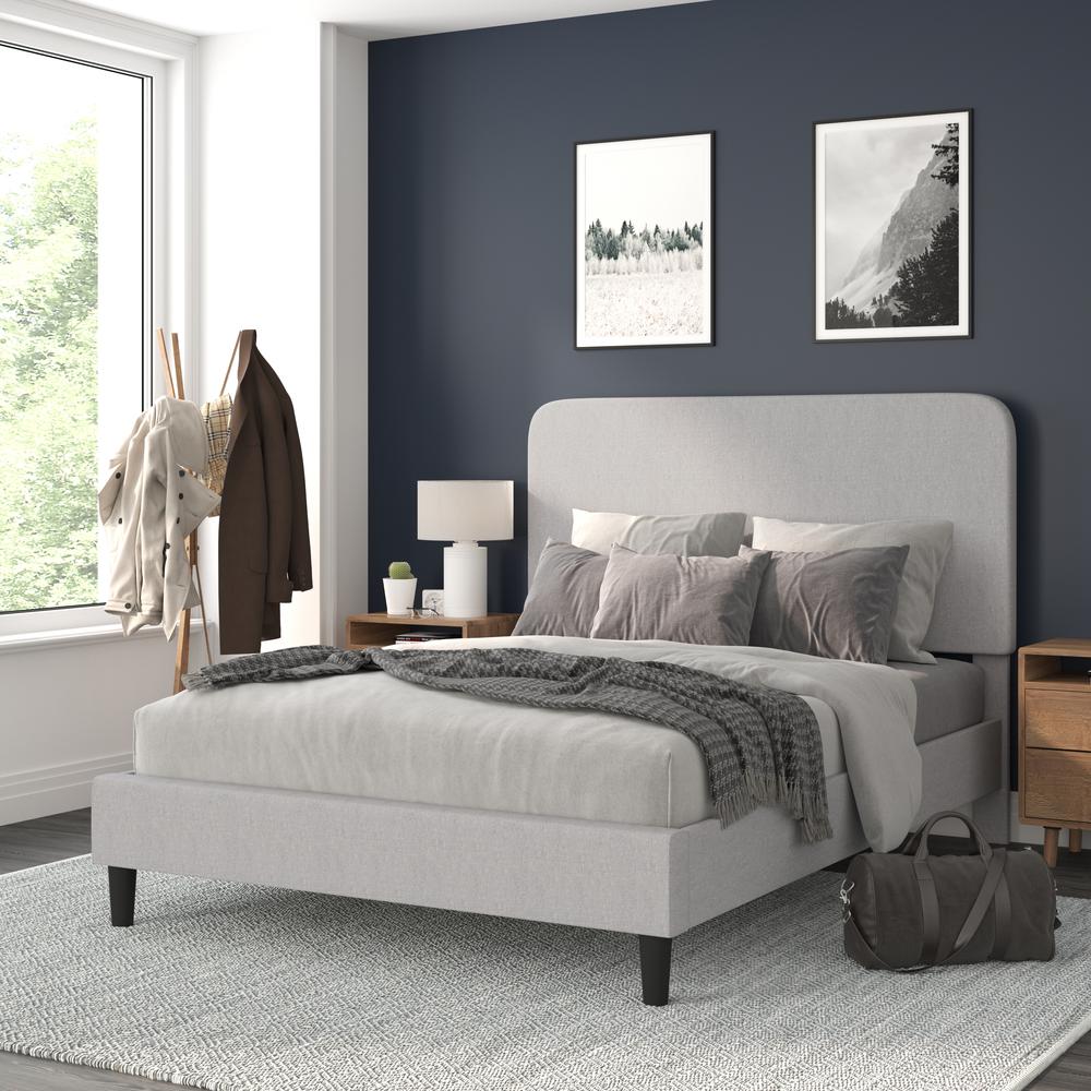 Addison Light Grey Queen Fabric Upholstered Platform Bed - Headboard With Rounded Edges - No Box Spring Or Foundation Needed By Flash Furniture | Beds | Modishstore - 2