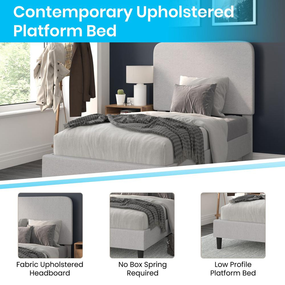 Addison Light Grey Twin Fabric Upholstered Platform Bed - Headboard With Rounded Edges - No Box Spring Or Foundation Needed By Flash Furniture | Beds | Modishstore - 4