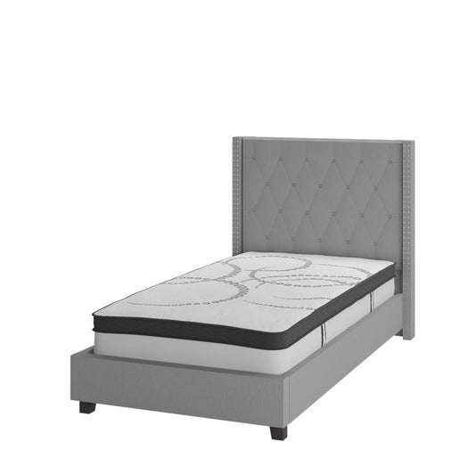Riverdale Twin Size Tufted Upholstered Platform Bed In Light Gray Fabric With 10 Inch Certipur-Us Certified Pocket Spring Mattress By Flash Furniture | Beds | Modishstore
