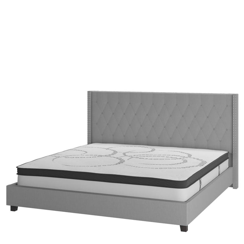 Riverdale Queen Size Tufted Upholstered Platform Bed In Light Gray Fabric With 10 Inch Certipur-Us Certified Pocket Spring Mattress By Flash Furniture | Beds | Modishstore - 1