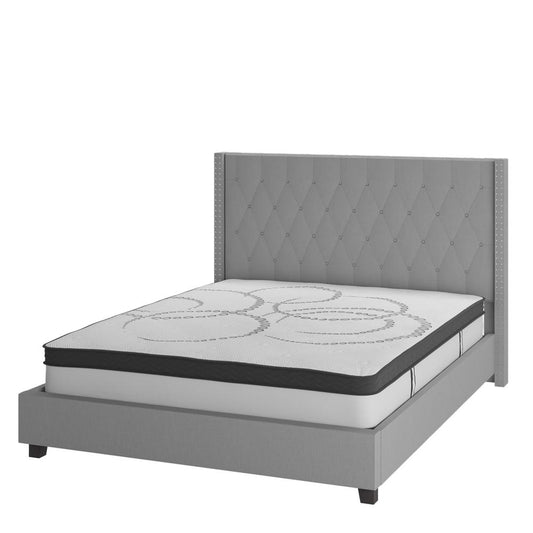 Riverdale King Size Tufted Upholstered Platform Bed In Light Gray Fabric With 10 Inch Certipur-Us Certified Pocket Spring Mattress By Flash Furniture | Beds | Modishstore