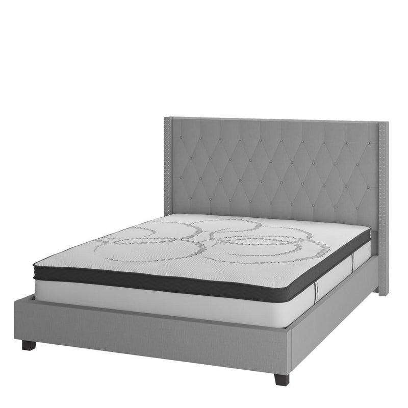 Riverdale King Size Tufted Upholstered Platform Bed In Light Gray Fabric With 10 Inch Certipur-Us Certified Pocket Spring Mattress By Flash Furniture | Beds | Modishstore - 1