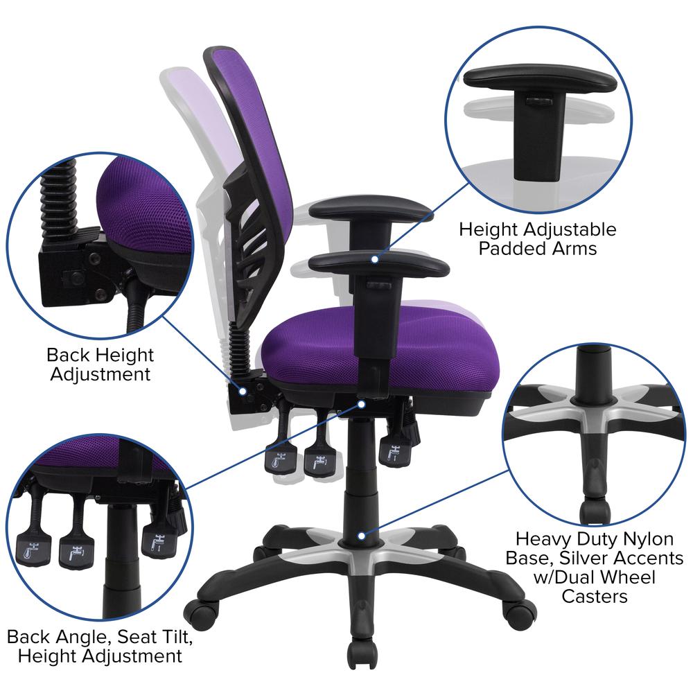 Mid-Back Purple Mesh Multifunction Executive Swivel Ergonomic Office Chair With Adjustable Arms By Flash Furniture | Office Chairs | Modishstore - 3