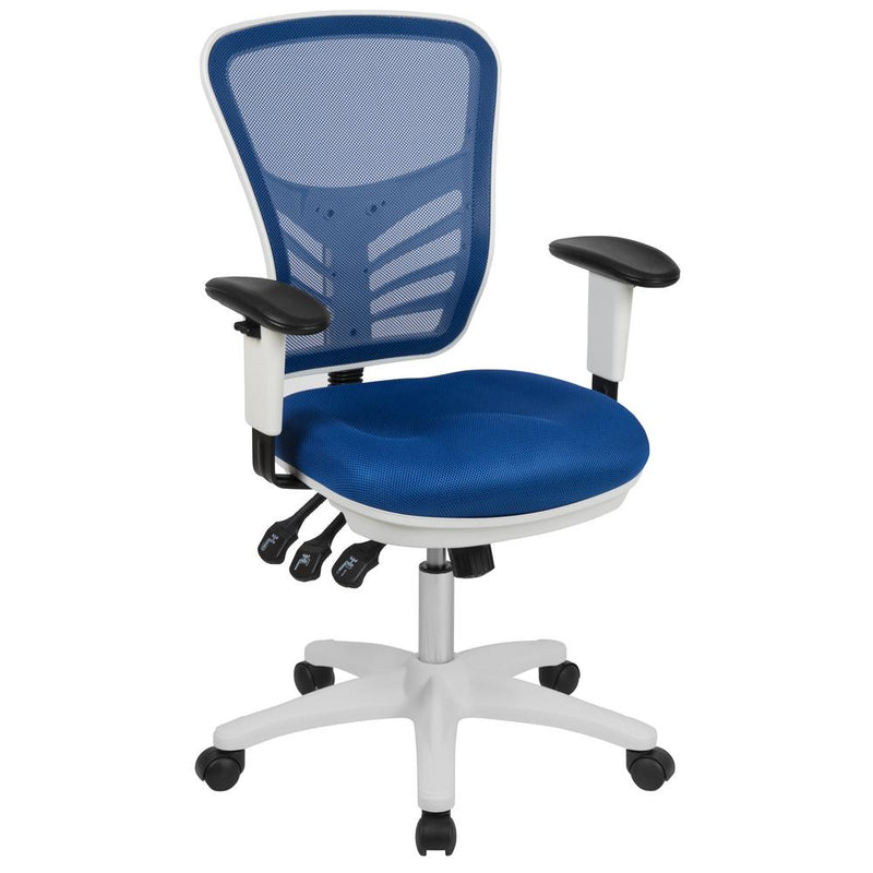 Mid-Back Blue Mesh Multifunction Executive Swivel Ergonomic Office Chair With Adjustable Arms And White Frame By Flash Furniture | Office Chairs | Modishstore - 1