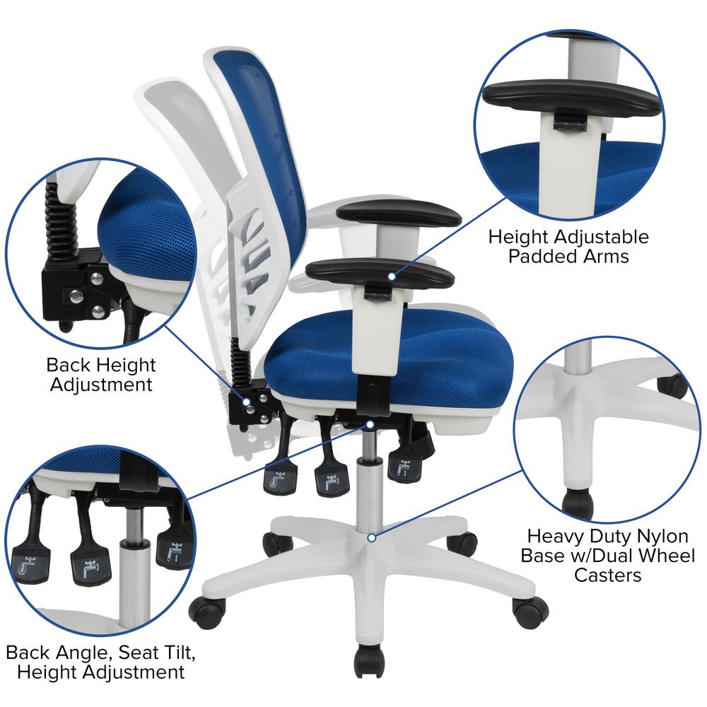 Mid-Back Blue Mesh Multifunction Executive Swivel Ergonomic Office Chair With Adjustable Arms And White Frame By Flash Furniture | Office Chairs | Modishstore - 2