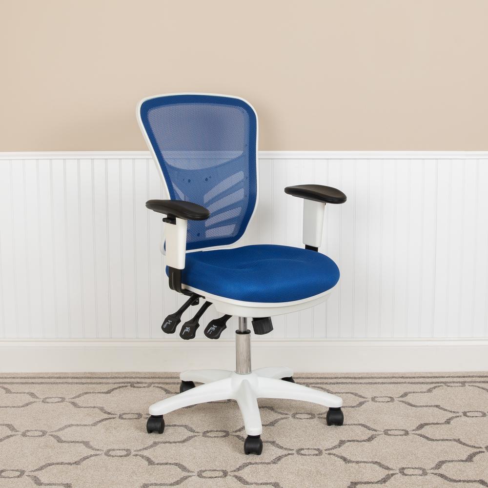 Mid-Back Blue Mesh Multifunction Executive Swivel Ergonomic Office Chair With Adjustable Arms And White Frame By Flash Furniture | Office Chairs | Modishstore - 3