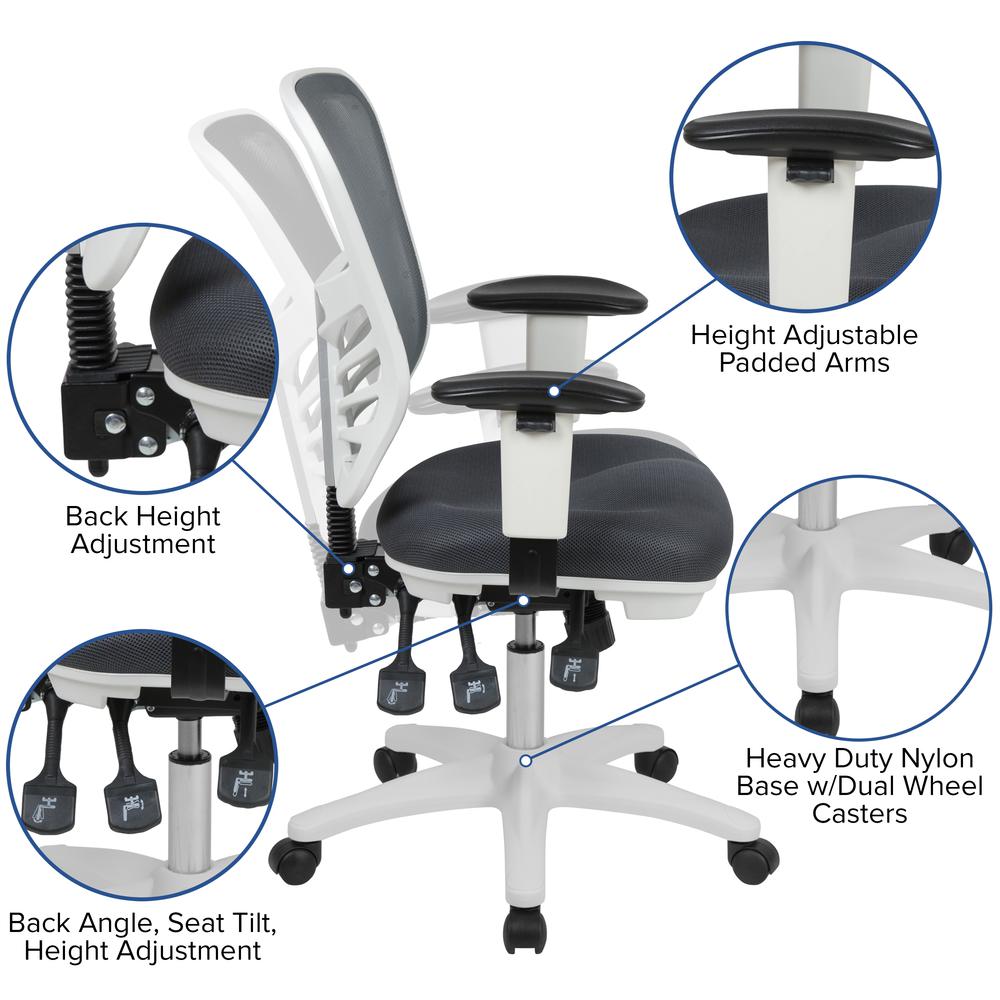 Mid-Back Dark Gray Mesh Multifunction Executive Swivel Ergonomic Office Chair With Adjustable Arms And White Frame By Flash Furniture | Office Chairs | Modishstore - 2