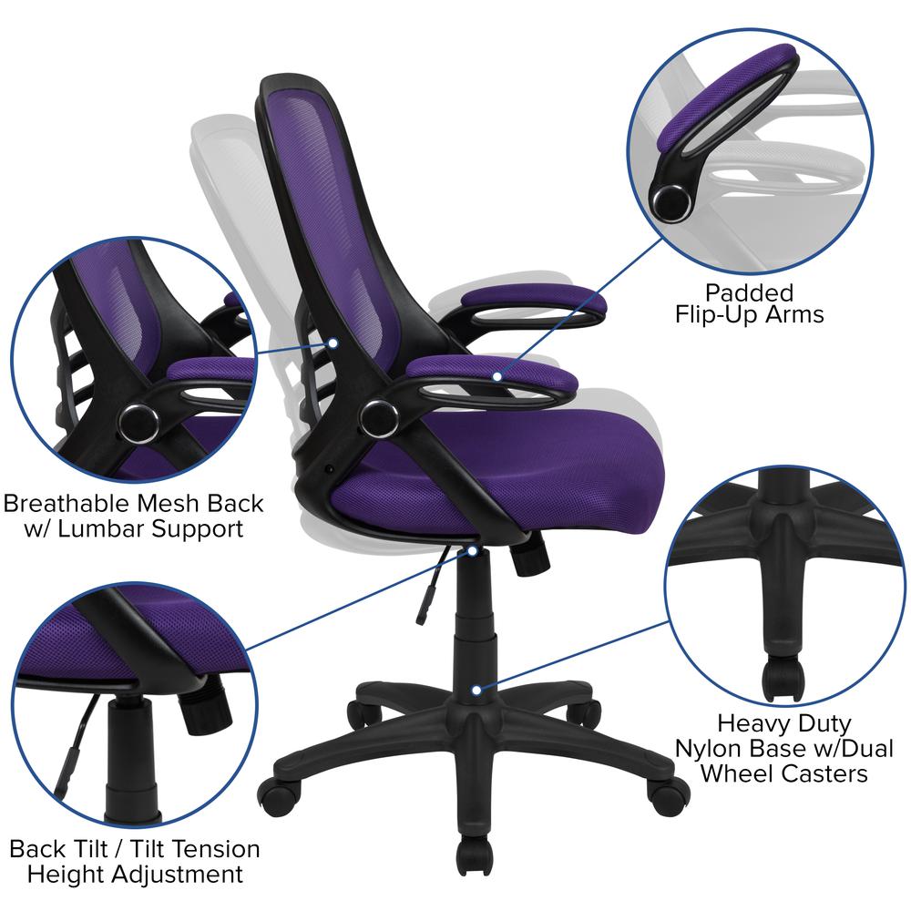 High Back Purple Mesh Ergonomic Swivel Office Chair With Black Frame And Flip-Up Arms By Flash Furniture | Office Chairs | Modishstore - 2