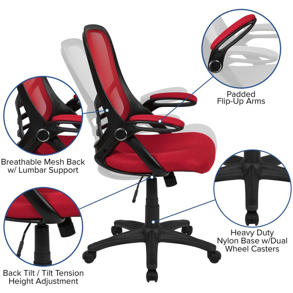 High Back Red Mesh Ergonomic Swivel Office Chair With Black Frame And Flip-Up Arms By Flash Furniture | Office Chairs | Modishstore - 2