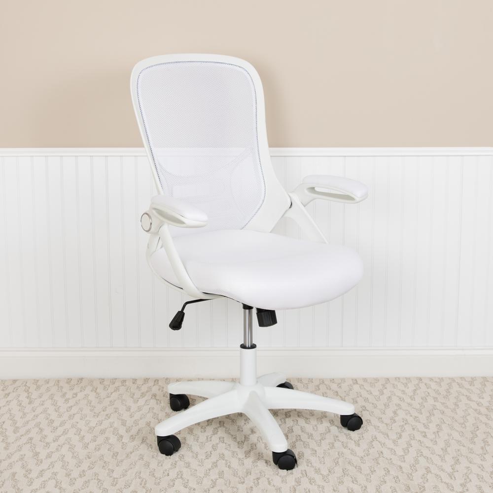 High Back White Mesh Ergonomic Swivel Office Chair With White Frame And Flip-Up Arms By Flash Furniture | Office Chairs | Modishstore - 3