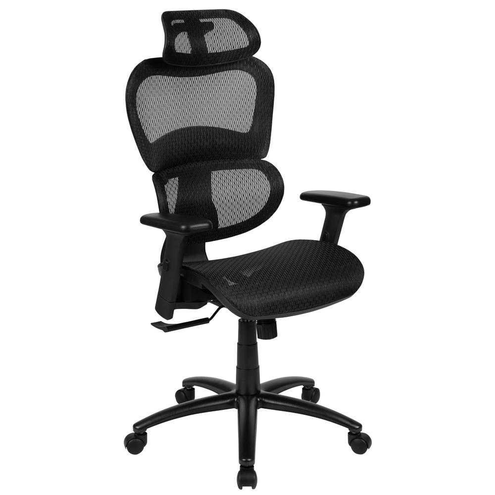 Ergonomic Mesh Office Chair With 2-To-1 Synchro-Tilt, Adjustable Headrest, Lumbar Support, And Adjustable Pivot Arms In Black By Flash Furniture | Office Chairs | Modishstore - 1
