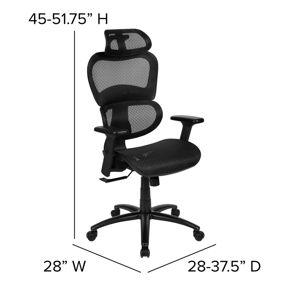Ergonomic Mesh Office Chair With 2-To-1 Synchro-Tilt, Adjustable Headrest, Lumbar Support, And Adjustable Pivot Arms In Black By Flash Furniture | Office Chairs | Modishstore - 2