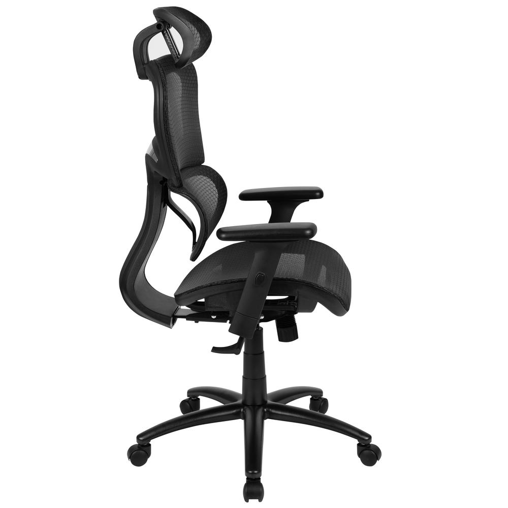Ergonomic Mesh Office Chair With 2-To-1 Synchro-Tilt, Adjustable Headrest, Lumbar Support, And Adjustable Pivot Arms In Black By Flash Furniture | Office Chairs | Modishstore - 3