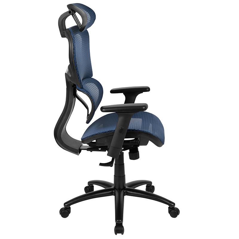 Ergonomic Mesh Office Chair With 2-To-1 Synchro-Tilt, Adjustable Headrest, Lumbar Support, And Adjustable Pivot Arms In Blue By Flash Furniture | Office Chairs | Modishstore - 3