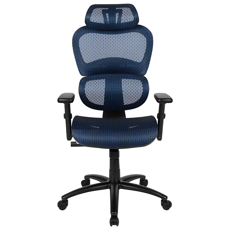 Ergonomic Mesh Office Chair With 2-To-1 Synchro-Tilt, Adjustable Headrest, Lumbar Support, And Adjustable Pivot Arms In Blue By Flash Furniture | Office Chairs | Modishstore - 4
