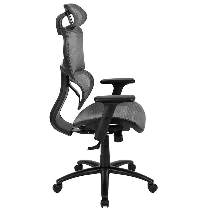 Ergonomic Mesh Office Chair With 2-To-1 Synchro-Tilt, Adjustable Headrest, Lumbar Support, And Adjustable Pivot Arms In Gray By Flash Furniture | Office Chairs | Modishstore - 3