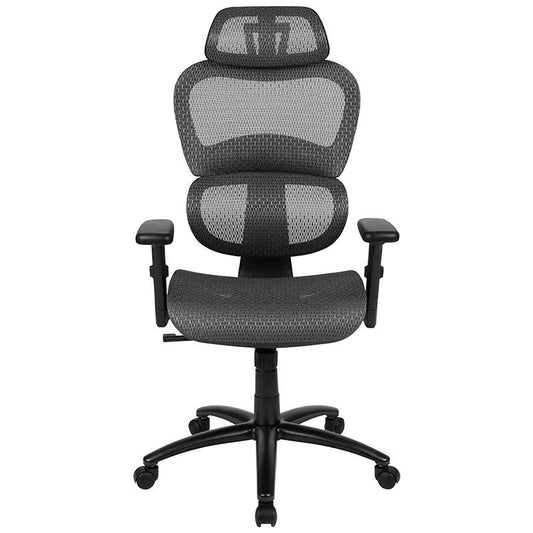 Ergonomic Mesh Office Chair With 2-To-1 Synchro-Tilt, Adjustable Headrest, Lumbar Support, And Adjustable Pivot Arms In Gray By Flash Furniture | Office Chairs | Modishstore