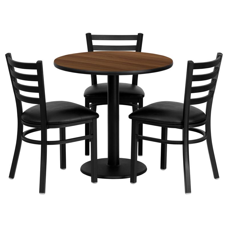 30'' Round Walnut Laminate Table Set With 3 Ladder Back Metal Chairs - Black Vinyl Seat By Flash Furniture | Dining Sets | Modishstore - 2