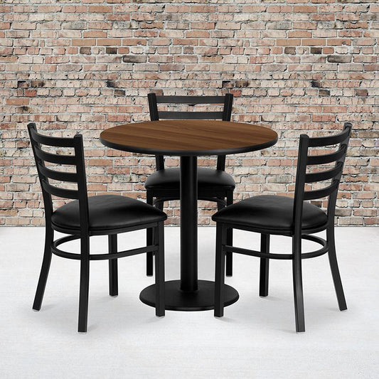 30'' Round Walnut Laminate Table Set With 3 Ladder Back Metal Chairs - Black Vinyl Seat By Flash Furniture | Dining Sets | Modishstore