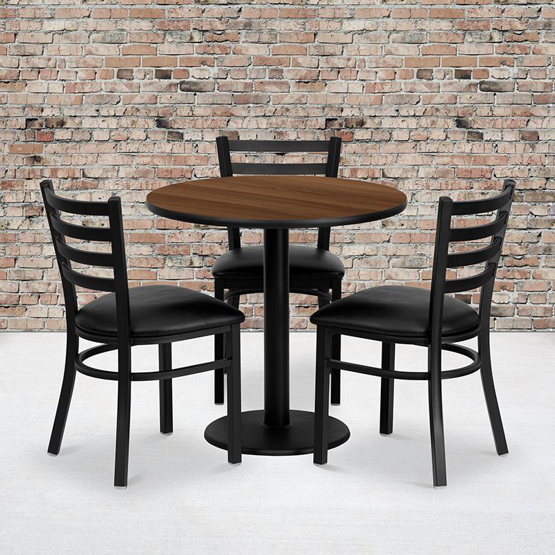 30'' Round Walnut Laminate Table Set With 3 Ladder Back Metal Chairs - Black Vinyl Seat By Flash Furniture | Dining Sets | Modishstore - 1