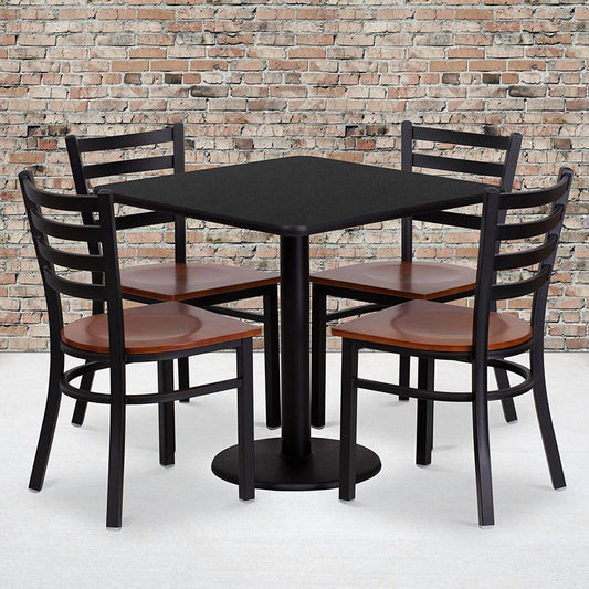 30'' Square Black Laminate Table Set With 4 Ladder Back Metal Chairs - Cherry Wood Seat By Flash Furniture | Dining Sets | Modishstore