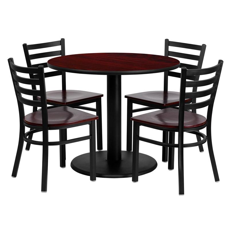 36'' Round Mahogany Laminate Table Set With 4 Ladder Back Metal Chairs - Mahogany Wood Seat By Flash Furniture | Dining Sets | Modishstore - 2