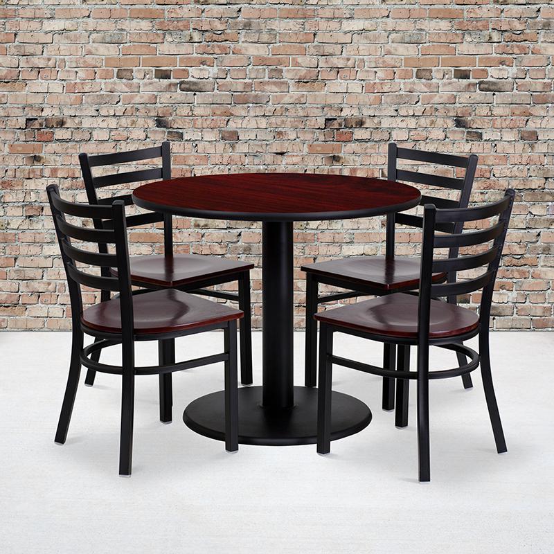 36'' Round Mahogany Laminate Table Set With 4 Ladder Back Metal Chairs - Mahogany Wood Seat By Flash Furniture | Dining Sets | Modishstore - 1