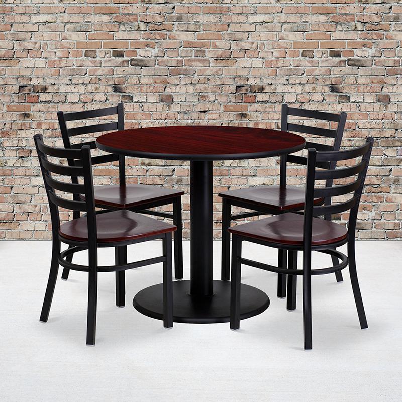 36'' Round Mahogany Laminate Table Set With 4 Ladder Back Metal Chairs - Mahogany Wood Seat By Flash Furniture | Dining Sets | Modishstore