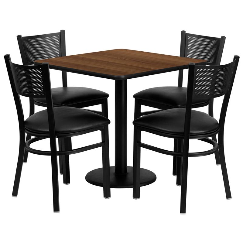 30'' Square Walnut Laminate Table Set With 4 Grid Back Metal Chairs - Black Vinyl Seat By Flash Furniture | Dining Sets | Modishstore - 2