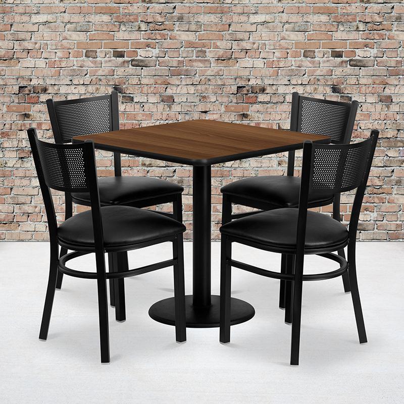 30'' Square Walnut Laminate Table Set With 4 Grid Back Metal Chairs - Black Vinyl Seat By Flash Furniture | Dining Sets | Modishstore - 1