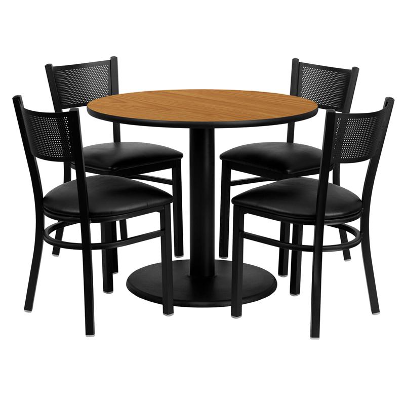 36'' Round Natural Laminate Table Set With 4 Grid Back Metal Chairs - Black Vinyl Seat By Flash Furniture | Dining Sets | Modishstore - 2