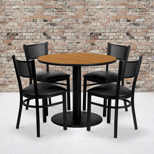 36'' Round Natural Laminate Table Set With 4 Grid Back Metal Chairs - Black Vinyl Seat By Flash Furniture | Dining Sets | Modishstore