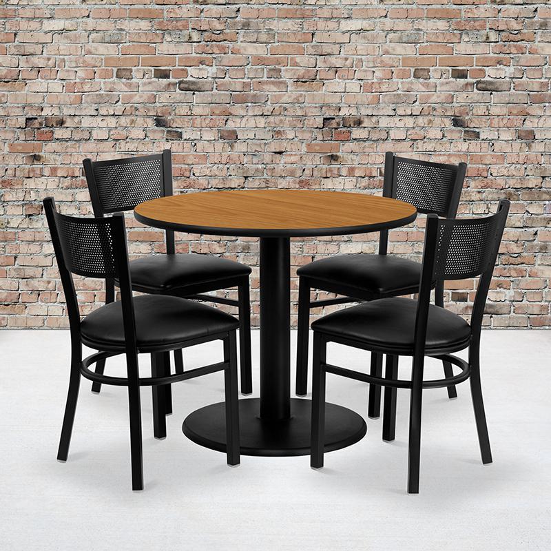 36'' Round Natural Laminate Table Set With 4 Grid Back Metal Chairs - Black Vinyl Seat By Flash Furniture | Dining Sets | Modishstore - 1