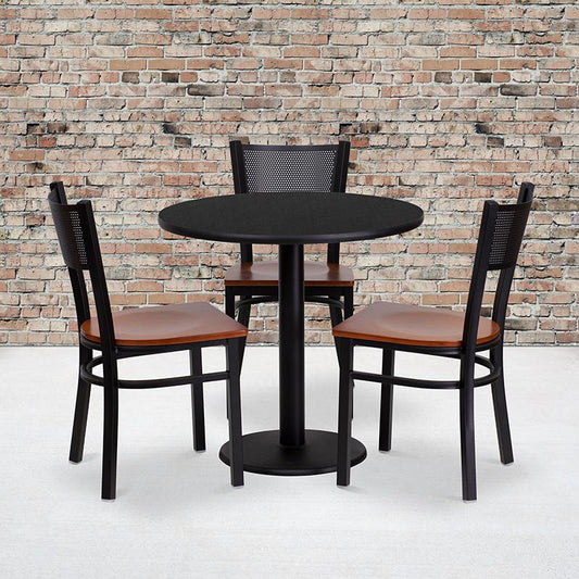 30'' Round Black Laminate Table Set With 3 Grid Back Metal Chairs - Cherry Wood Seat By Flash Furniture | Dining Sets | Modishstore