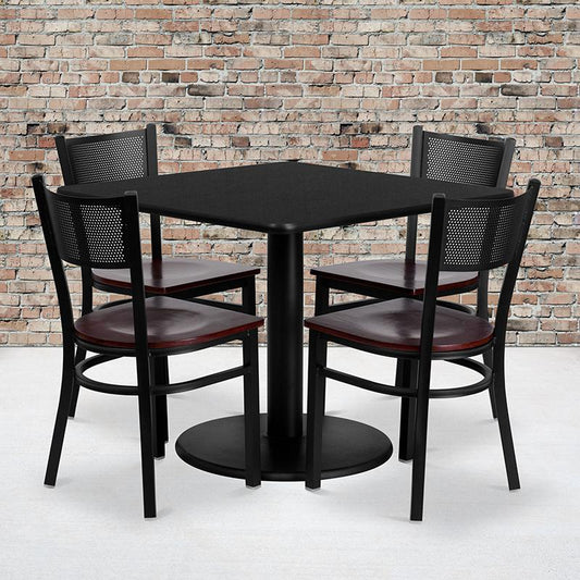 36'' Square Black Laminate Table Set With 4 Grid Back Metal Chairs - Mahogany Wood Seat By Flash Furniture | Dining Sets | Modishstore