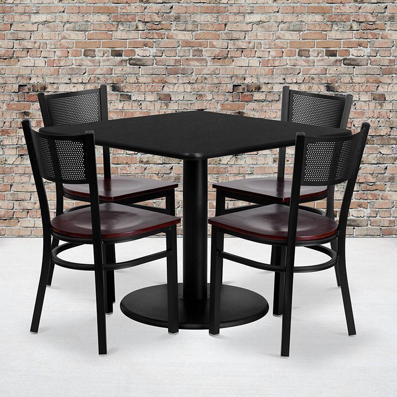 36'' Square Black Laminate Table Set With 4 Grid Back Metal Chairs - Mahogany Wood Seat By Flash Furniture | Dining Sets | Modishstore - 1