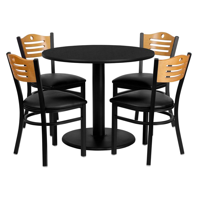 36'' Round Black Laminate Table Set With 4 Wood Slat Back Metal Chairs - Black Vinyl Seat By Flash Furniture | Dining Sets | Modishstore - 2