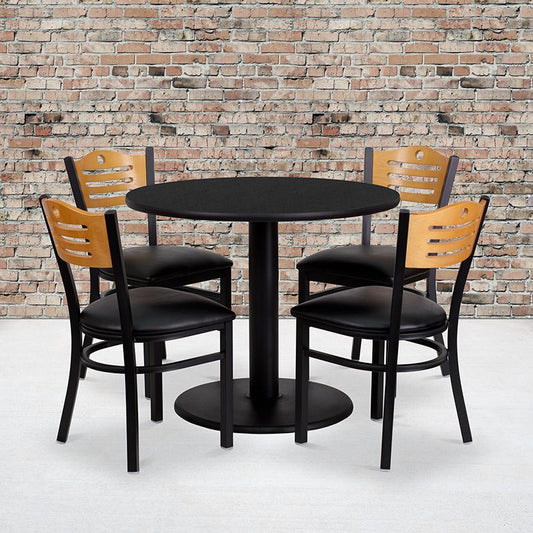36'' Round Black Laminate Table Set With 4 Wood Slat Back Metal Chairs - Black Vinyl Seat By Flash Furniture | Dining Sets | Modishstore