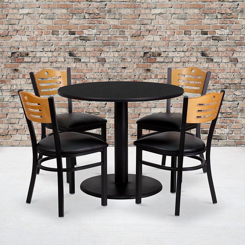 36'' Round Black Laminate Table Set With 4 Wood Slat Back Metal Chairs - Black Vinyl Seat By Flash Furniture | Dining Sets | Modishstore - 1