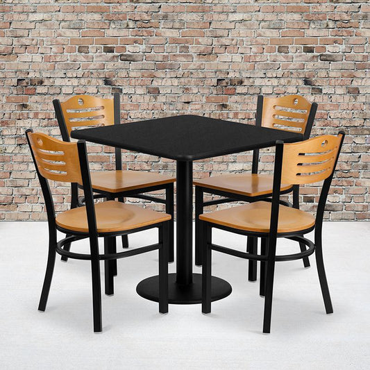 30'' Square Black Laminate Table Set With 4 Wood Slat Back Metal Chairs - Natural Wood Seat By Flash Furniture | Dining Sets | Modishstore