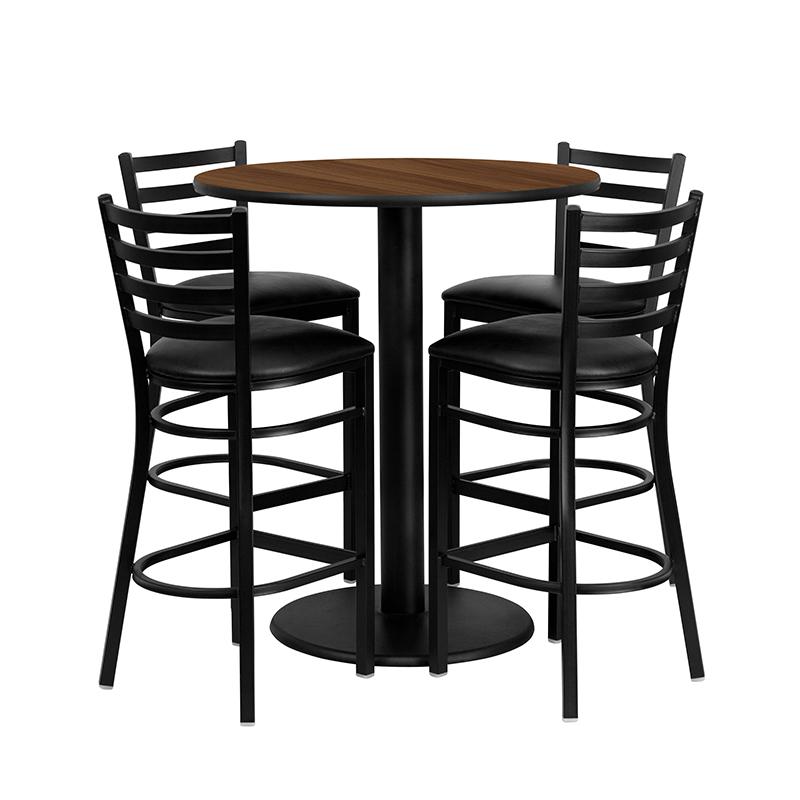 36'' Round Walnut Laminate Table Set With 4 Ladder Back Metal Barstools - Black Vinyl Seat By Flash Furniture | Bar Stools & Table | Modishstore - 2