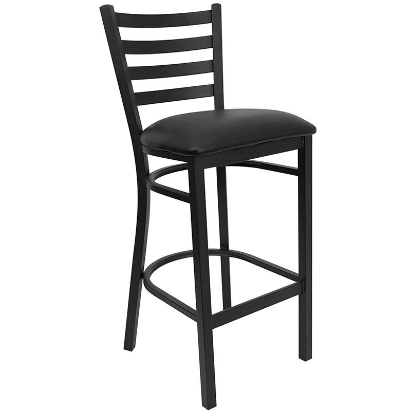 36'' Round Walnut Laminate Table Set With 4 Ladder Back Metal Barstools - Black Vinyl Seat By Flash Furniture | Bar Stools & Table | Modishstore - 4